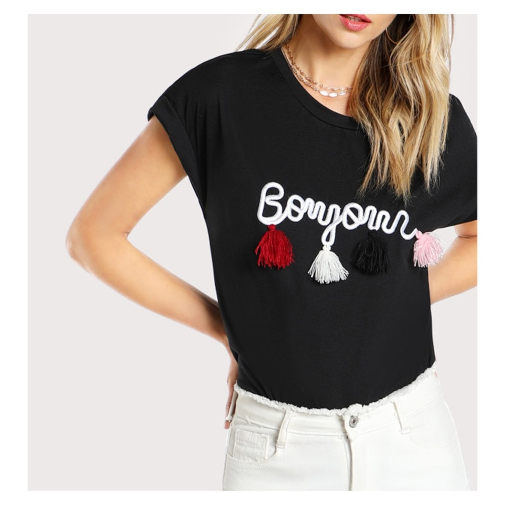 Black Short Sleeve Embroidered Tassel T-Shirt Bonjour